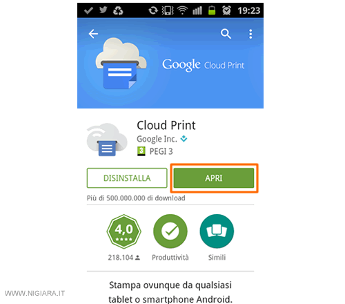 premi su Apri per eseguire l'applicazione Google Cloud Print