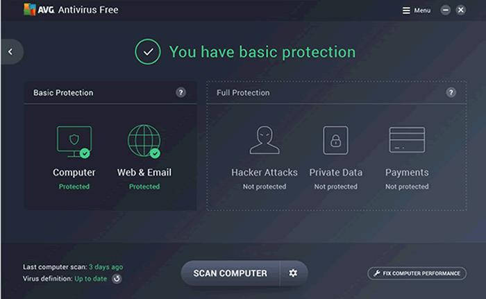 una schermata dell'antivirus AVG Free