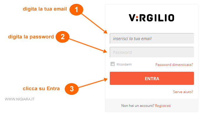 digita la tua login e password per accedere alla casella email su Virgilio Mail