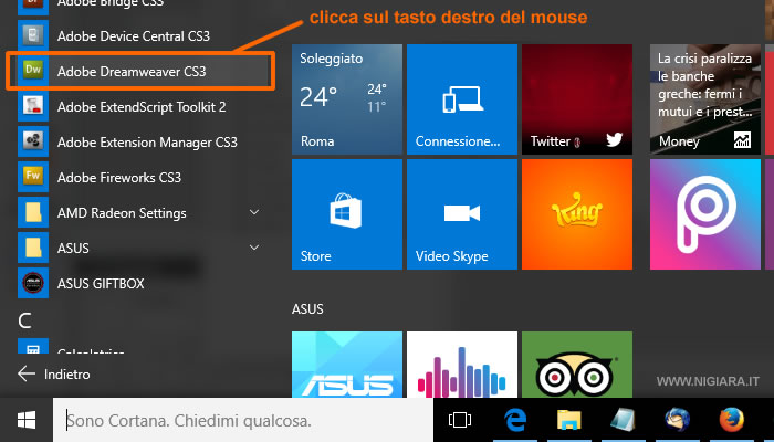 clicca con il tasto destro del mouse sopra il programma da aggiungere alla barra delle applicazioni di Windows 10