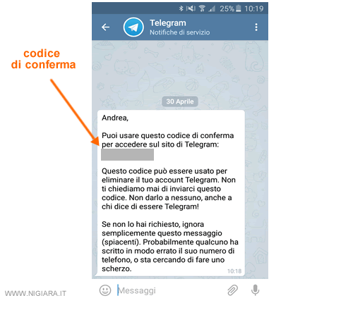 la password per accedere al pannello della configurazione account di Telegram