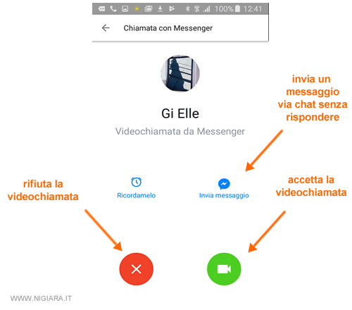 la schermata della videocall in entrata