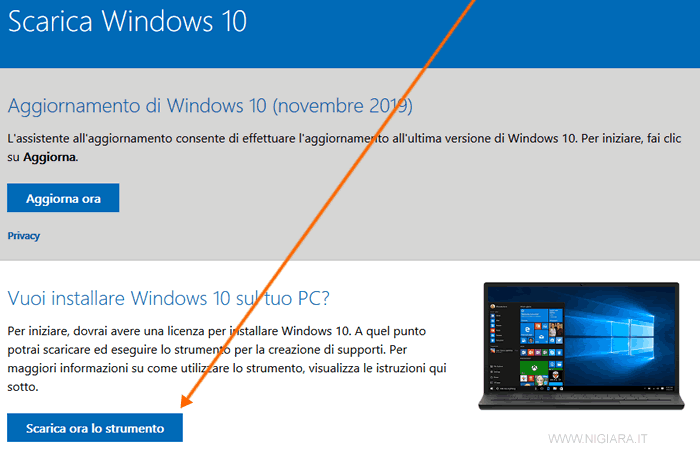scarica il file di installazione e aggiornamento di Windows 10