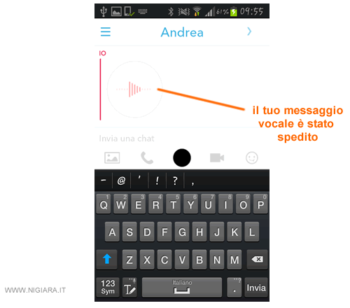 la registrazione del tuo messaggio audio è stato inviata al tuo amico