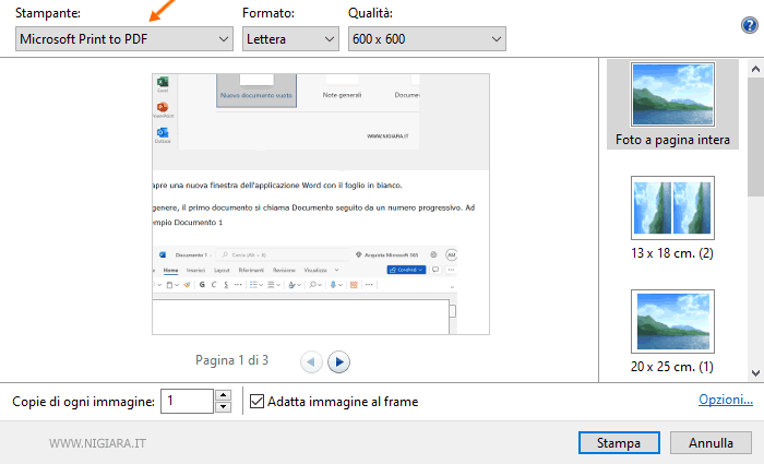 seleziona Microsoft Print to PDF