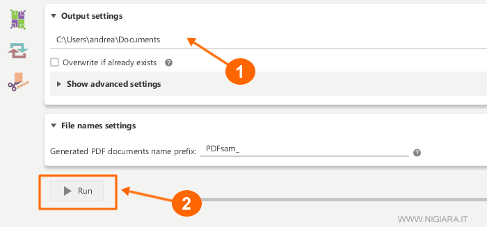 seleziona la cartella dove salvare i file PDF e avvia l'estrazione delle pagine cliccando sul bottone Run