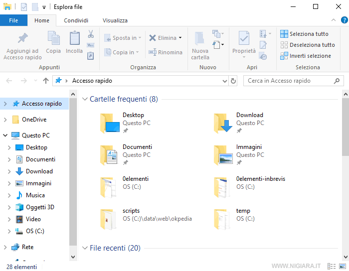la schermata di esplora file su Windows10