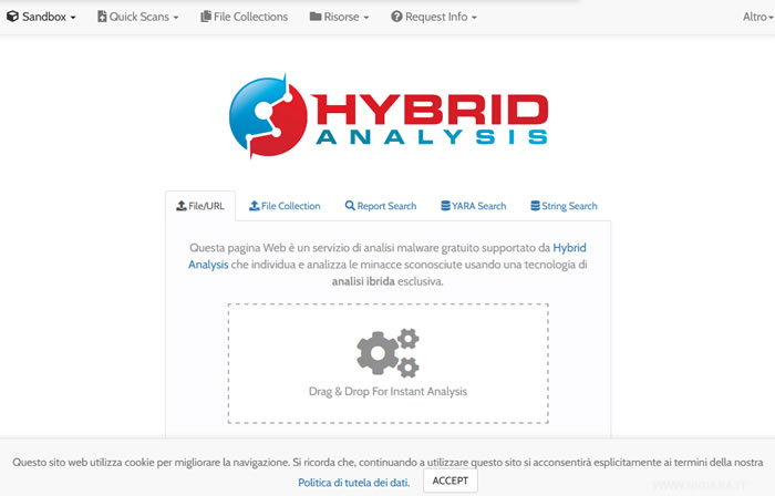 l'home page del servizio online Hybrid Analysis