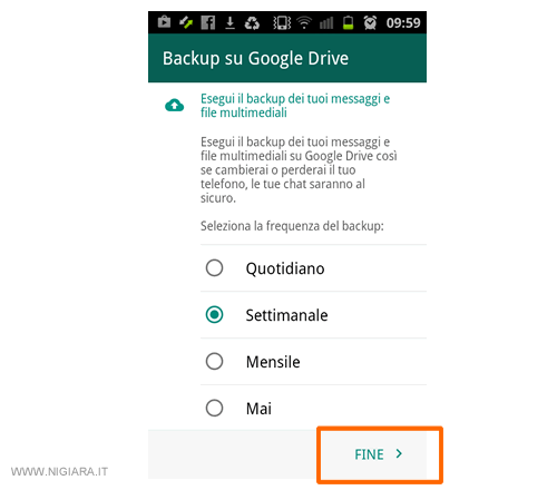 la configurazione del backup di Whatsapp