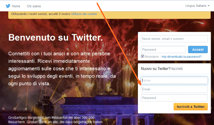 la prima pagina di iscrizione su Twitter