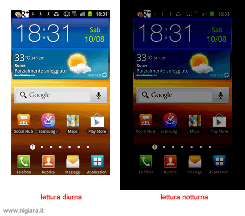 la differenza tra la modalità diurna e notturna dopo aver regolato la luminosità dello schermo dello smartphone o del tablet