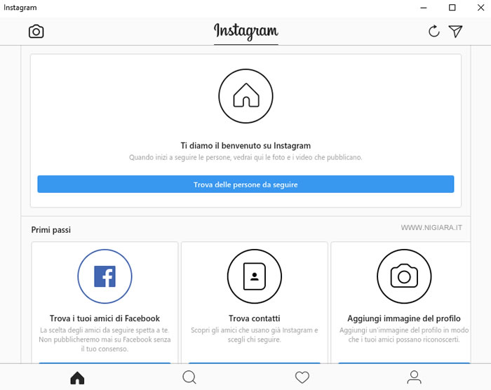 la schermata iniziale di Instagram sull'app di Windows10