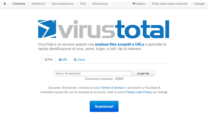 la schermata iniziale di Virus Total