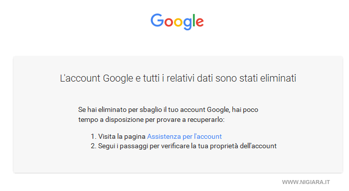 la pagina finale di chiusura dell'account Google