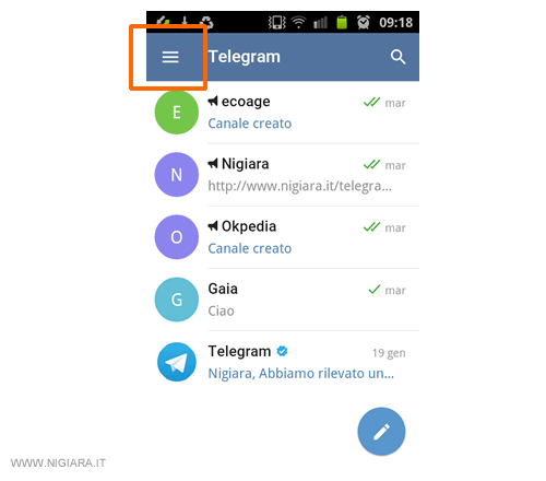 vai sul menu principale di Telegram