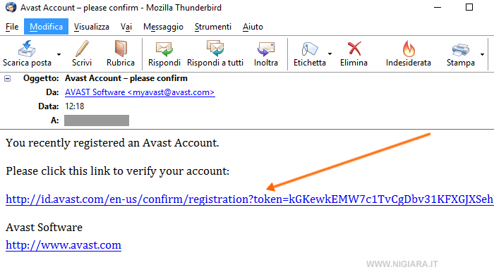 clicca sul link nella email per attivare l'account personale su Avast
