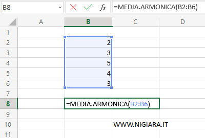 digita =MEDIA.ARMONICA(B2:B6)
