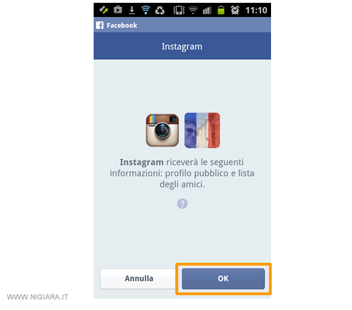 autorizza Instagram a collegarsi al tuo account su Facebook