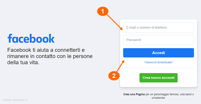 per accedere a Facebook dalla home page, inserisci la tua email e la tua password