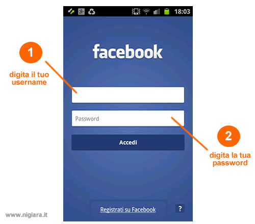 accedi su Facebook con la tua login e password