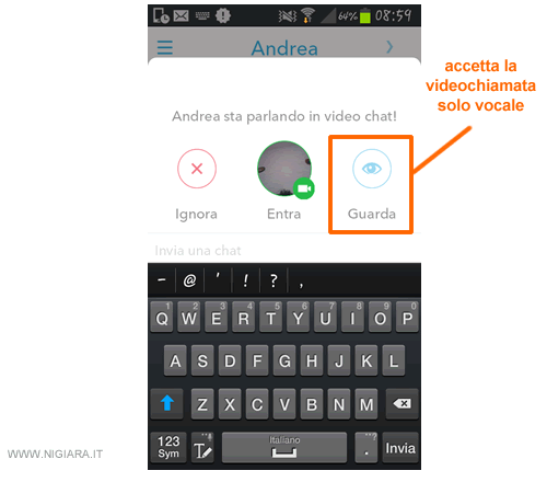 accetta la videochiamata solo in modalità vocale ( audio e no video )