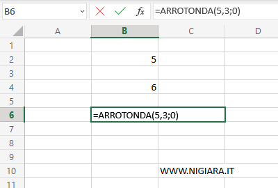 digita =ARROTONDA(5,3;0)