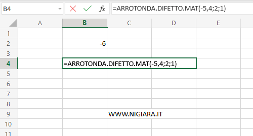 digita =ARROTONDA.DIFETTO.MAT(-5,4;2;1) nella cella B4