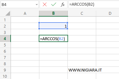 digita =ARCCOS(B2) nella cella B4
