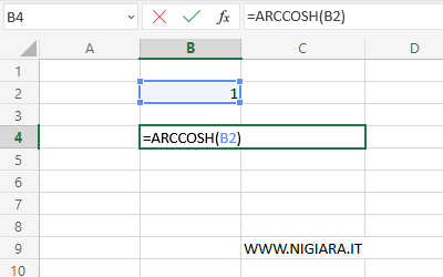 digita =ARCCOSH(B2) nella cella B4
