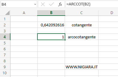 la funzione arcocotangente su Excel