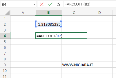digita =ARCCOTH(B2)