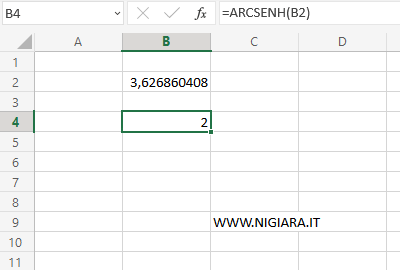un esempio pratico di calcolo dell'arcoseno iperbolico su Excel