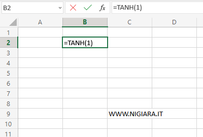 digita =TANH(1) in B2