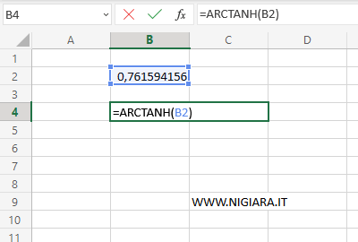 digita =ARCTANH(B2) nella cella B4