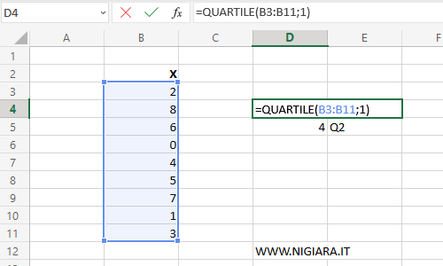 digita =QUARTILE(B3:B11;1)