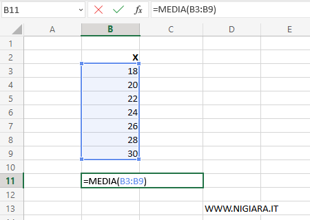 digita =MEDIA(B3:B9)
