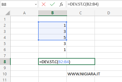 digita =DEV.ST.C(B2:B4)