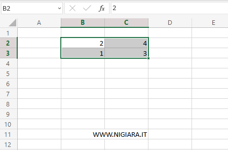crea una matrice 2x2 sul foglio Excel