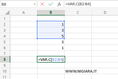 digita =VAR.C(B2:B4)
