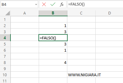 digita =FALSO() in B4
