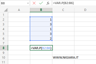 digita =VAR.P(B2:B6)