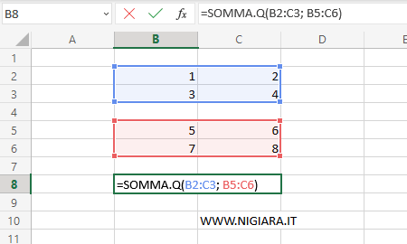 digita =SOMMA.Q(B2:C3 ; B5:C6)