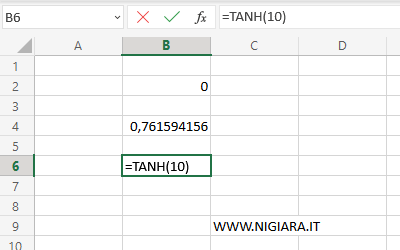 digita =TANH(10) nella cella B6