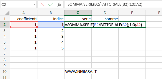 digita =SOMMA.SERIE(B2/FATTORIALE(B2);1;0;A2)