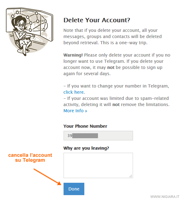 elimina il tuo account su Telegram in modo permanente