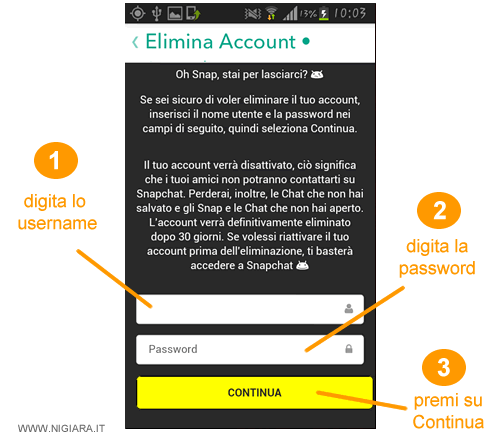 digita lo username e password poi premi sul pulsante Continua