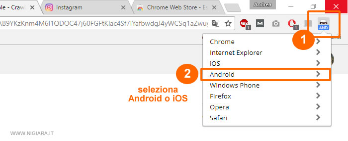 seleziona iOS o Android sullo user agent switcher del tuo browser