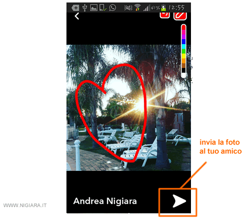 tocca l'icona con la freccia in basso a destra per inviare la foto modificata al tuo amico tramite chat