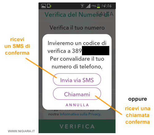 scegli se ricevere un SMS oppure una telefonata per confermare la tua identità su Snapchat