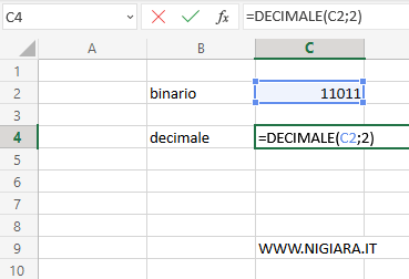 digitare =DECIMALE(C2;2)